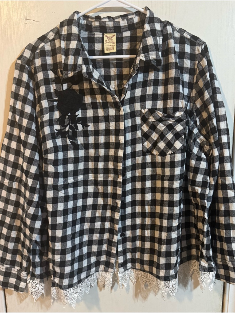 Faded Glory Black and White Plaid Button-Down with Lace Trim